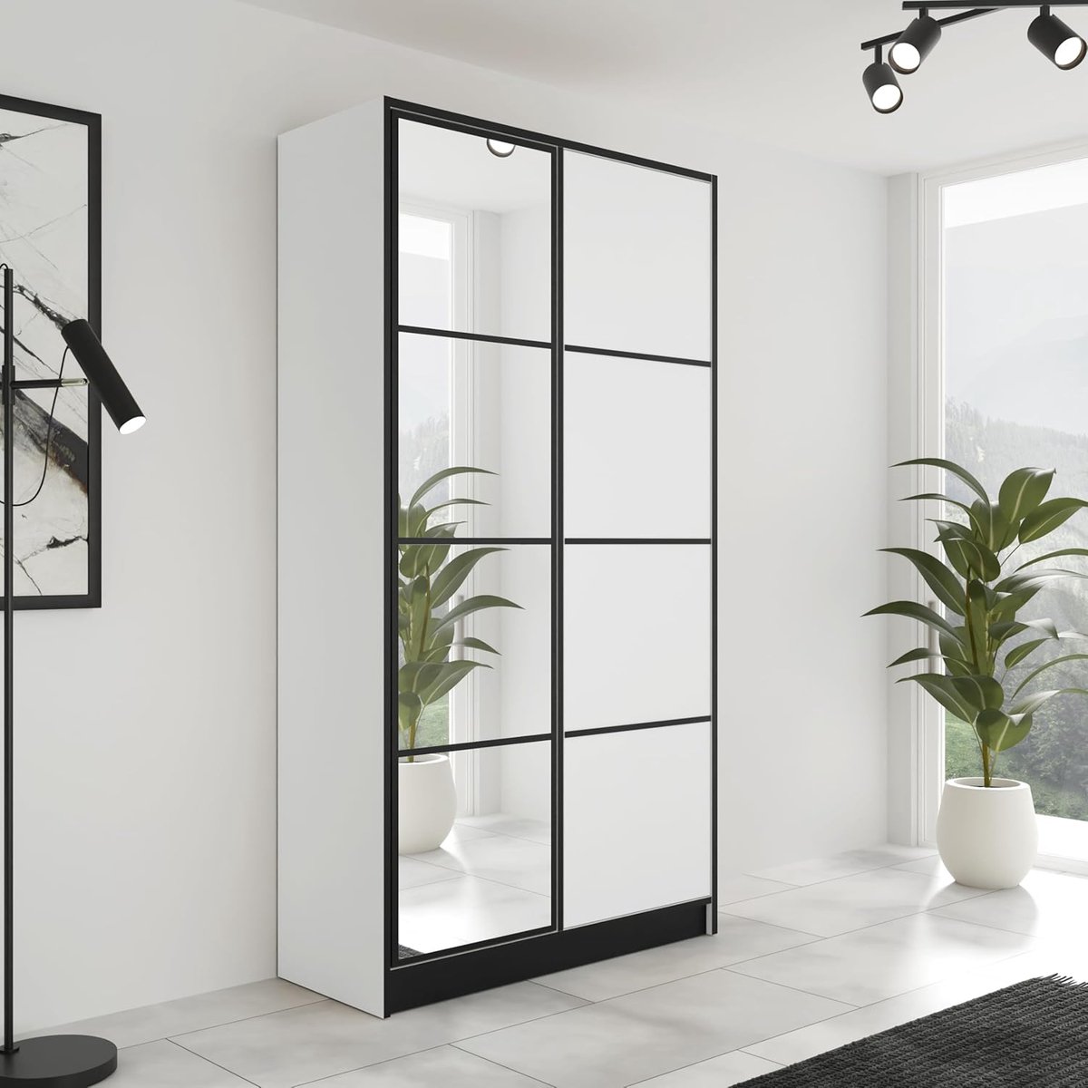 Kledingkast met Schuifdeuren en Spiegel 105 x 39 x 205 cm – Moderne Smalle Garderobekast met Hangrail en Legplanken – Wit | Vermissen