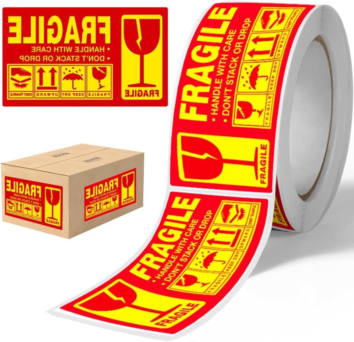 Labels voor Fragiele Verpakking - 250 Stuks - Waarschuwing voor Glasfragmenten - Zorgvuldig Behandelen - 25 x 45 mm