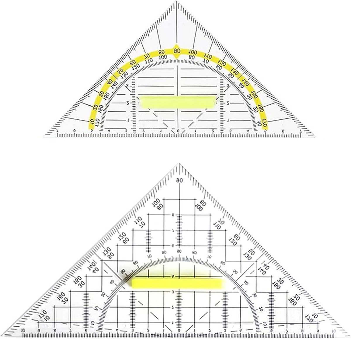 Geometrische driehoeken met handvat, 22 cm en 16 cm, ideaal voor tekenen en meten van hoeken en lengtes