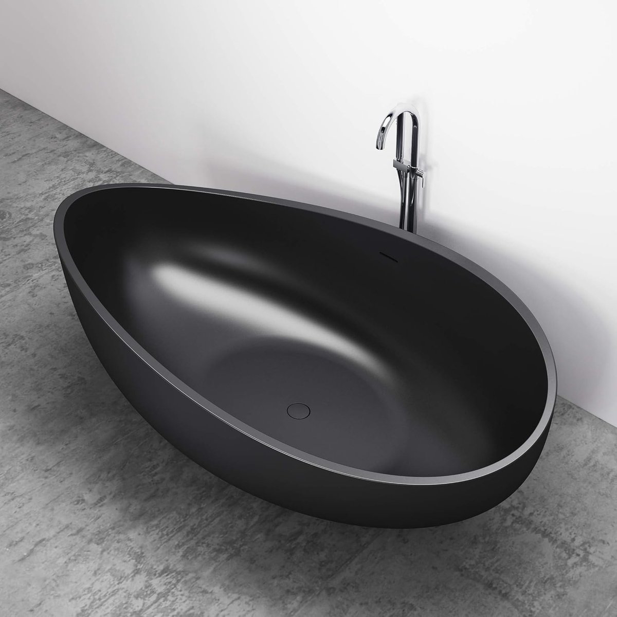 Vrijstaand Bad Wave Stone 180 x 110 x 62 cm – Luxe Ovaal Mineraal Gegoten Eilandbad Mat Zwart, 325L Solid Surface Steenlook Bad met Thermische Isolatie & Pop-up Afvoer – Vermissen