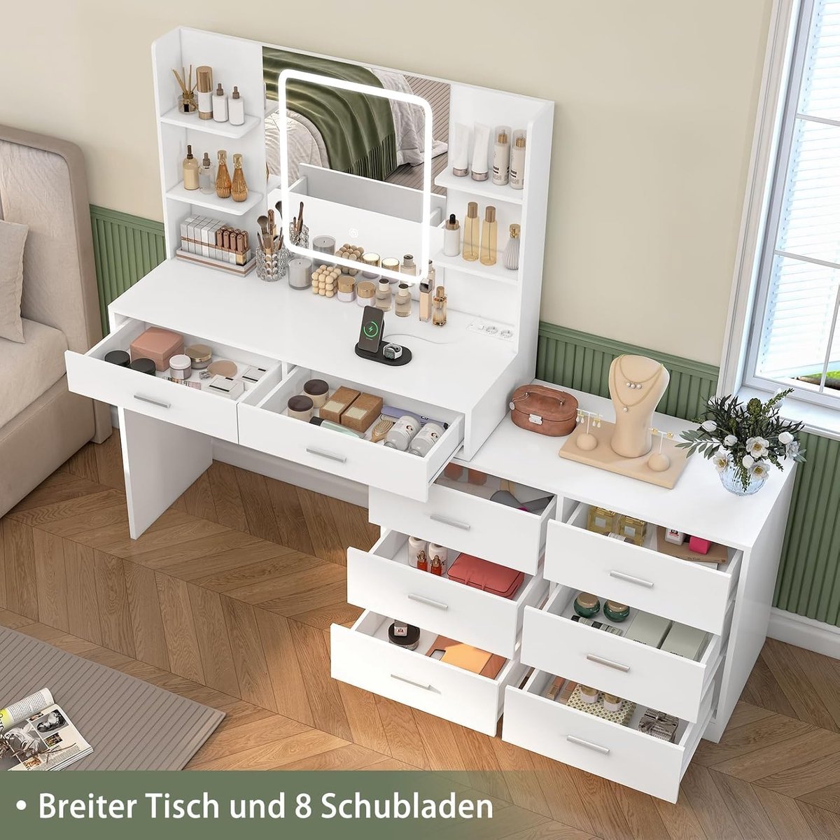 Luxe "Flex-Beauty" Aanpasbare Kaptafel & Nachtkastje Combinatie met LED-Spiegel en Laadstation (100x135x40 cm)