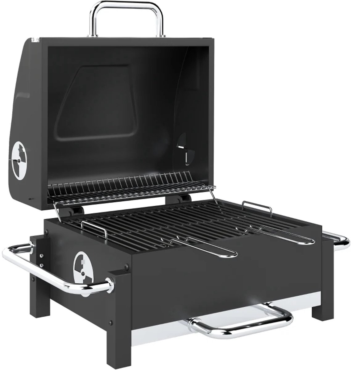 Premie Stalen Houtskool Barbecue - Smoker Barbecue - Draagbare Houtskoolgrill - met Deksel, Verstelbare Ventilatie, Houtskoolbak met 2 Niveaus, Thermometer - BBQ voor Kamperen, Buiten, Tuin - 74,5 x 54 x 46 cm - Zwart
