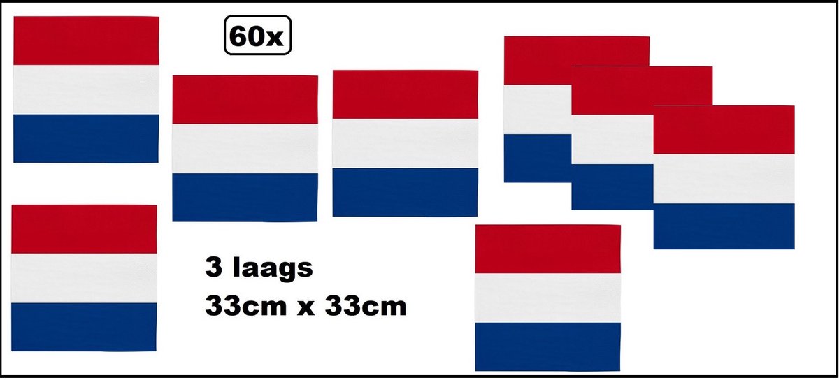 60x Servetten rood/wit/blauw 33cm x 33cm - 3 laags - Holland - Luxe Servet diner eten knoeien restaurant Nederland WK 2026 BBQ thema feest verjaardag feest