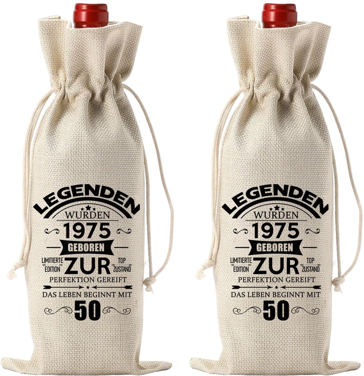 NTHProducts - Wijntas 50e Verjaardag - Jute Geschenken - Stijlvol en Praktisch - Beige - Wijngeschenkzakjes - Perfect voor Vrienden en Familie - 2 Stuks