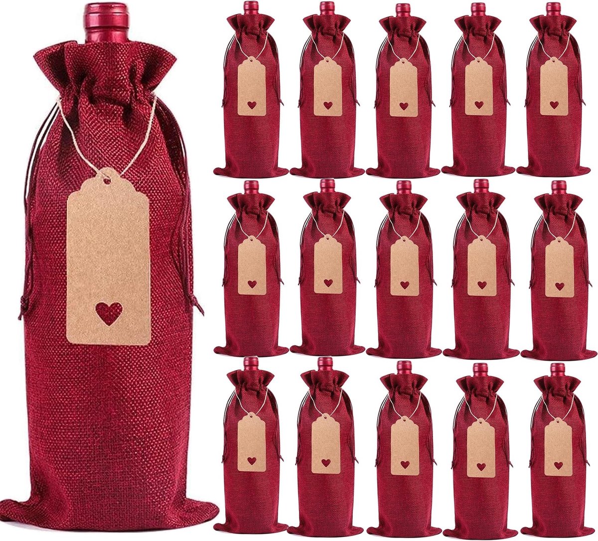 NTHProducts - Jute Wijn Tassen - Herbruikbare Wijn Tassen - Perfect voor Feestdagen - Rood - Wijn Fles Tas - Decoratief - Geschikt voor Cadeaus - Set v...