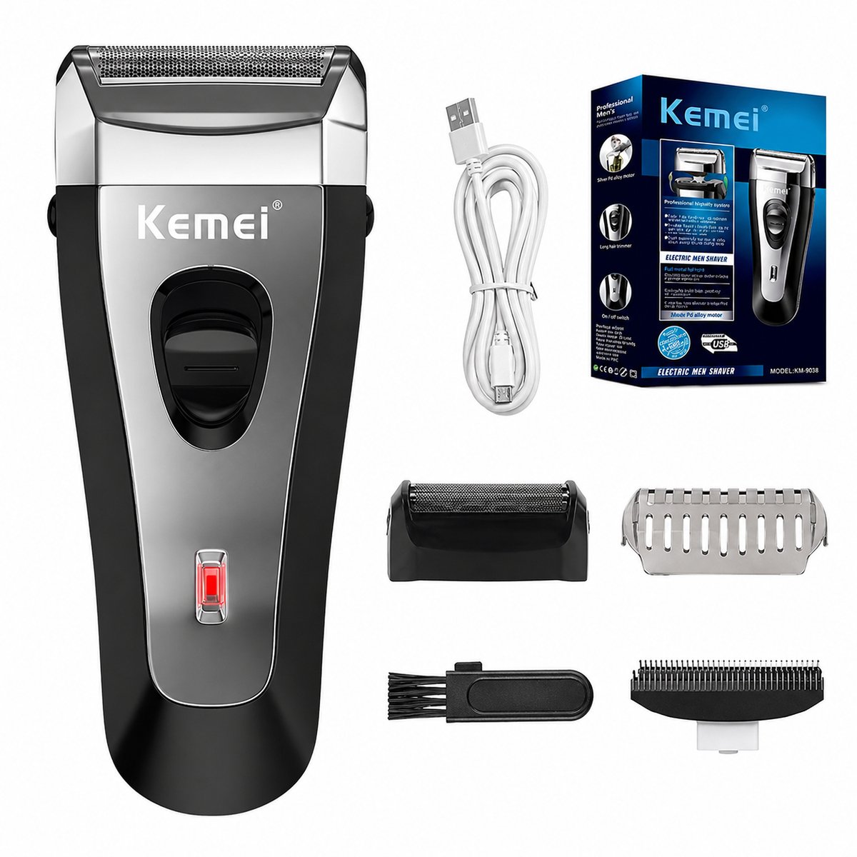 KEMEI KM-9038 Elektrisch Scheerapparaat | Folie Shaver | Baardtrimmer | Elektrische Shaver Heren | Oplaadbaar USB | Nat & Droog Scheren | Reisscheerapparaat | Hoofdscheren | Precisietrimmer | Compact Scheerapparaat | Barber Trimmer