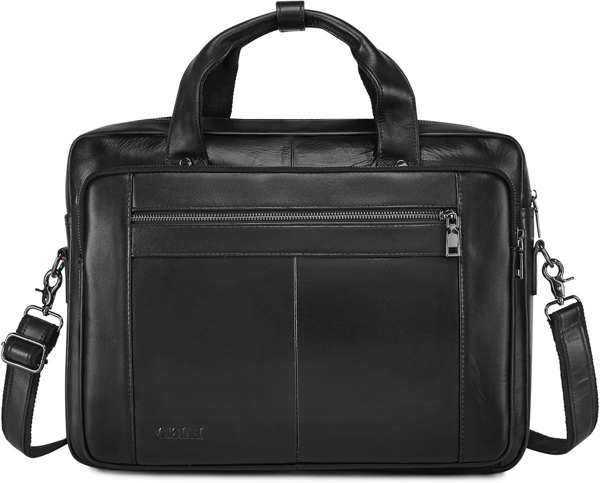 Leren Laptop Tas voor Mannen, Vintage Documententas met Schouderriem, Ideaal voor Werk en Dagelijks Gebruik, Zwart