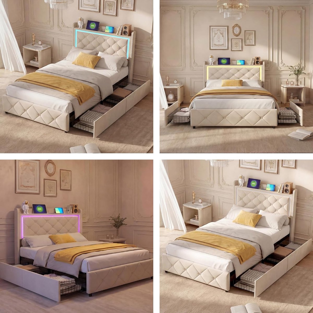 Slaapbank uittrekbaar 90/180 x 200 cm – Fluwelen 2-zits slaapbank met lattenbodem en zijvakken – Ruimtebesparend dagbed / gastenbed – Beige moderne slaapbank – BRILVERDE