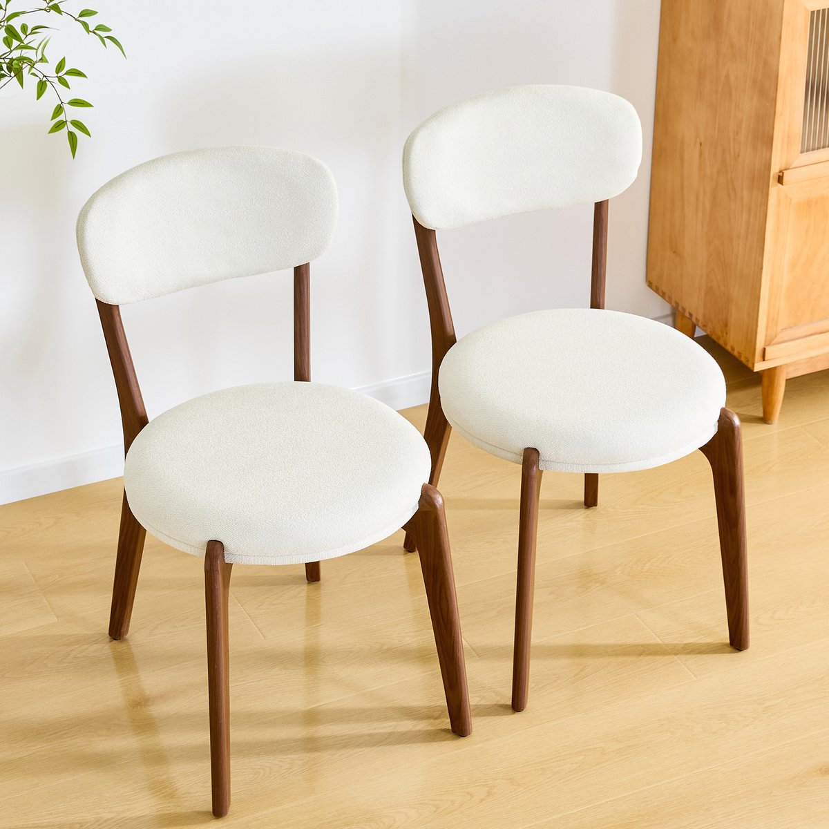 FloraGrace Eetkamerstoel – Modern Rond Design – Set Van 2 – Linnen – Wit – Comfortabel Voo