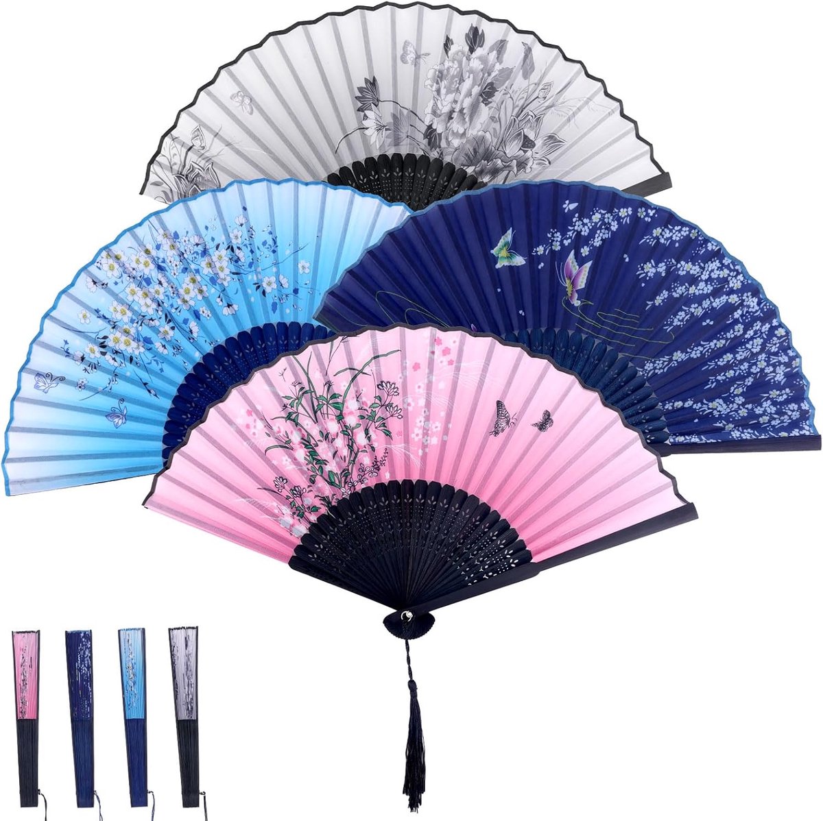 Handwaaier - Spaanse Handwaaier - Verkoeling Waaiers voor Zomerse Themperatuur - Waaier Festival - Chinese Waaier - Festival Waaier - Verkoelend - Handventilator - Tegen Opvliegers - 4 Stuks - kleurrijk zwart, lichte bluaw, roze - van Imperatoris
