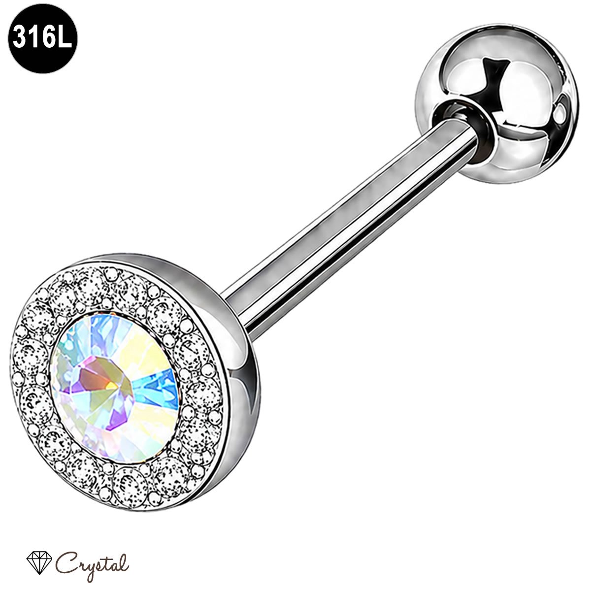 Tongpiercing steentje - 316L Chirurgisch Staal - 1.6mm 16mm - AB crystal