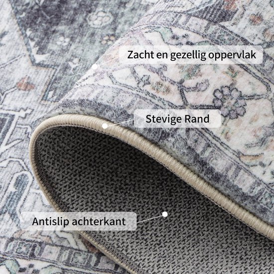 Detail van de achterkant van een grijs vloerkleed met traditioneel patroon, zachte bovenkant en antislip onderkant.