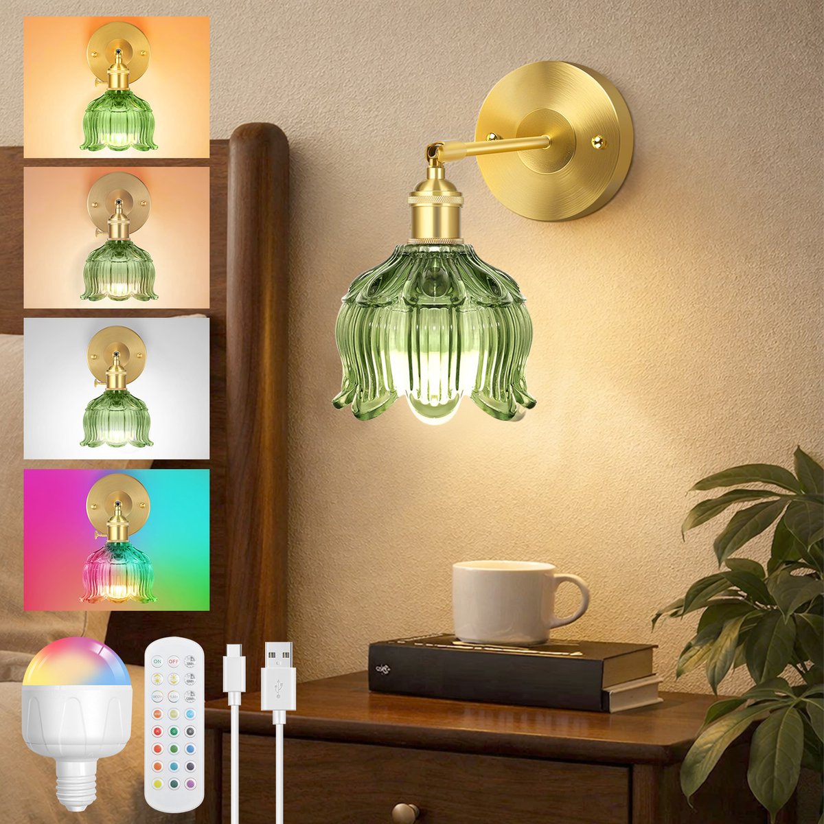 MUPOO Wandlamp binnen oplaadbaar Groen glazen lampenkap Tulpvorm met afstandsbediening 2 in 1 draadloze/bedraad– Retro LED bedlampje wand dimbaar -3 lichtkleuren+RGB -zonder bedrading-Timer-decoratieve wandlampen voor slaapkamer,woonkamer,gang-1 stuk