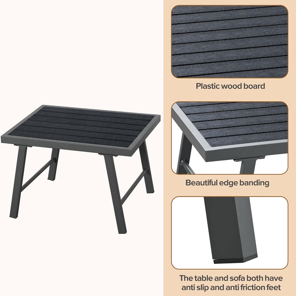 Loungeset Tuin 5-6 Personen 226x61x65 cm + 173x61x65 cm – Hoek Loungeset met Tafel 55x45x36 cm, 7 Kussens, Verzinkt IJzeren Frame, Weerbestendig Donkergrijs – HomebyNicole