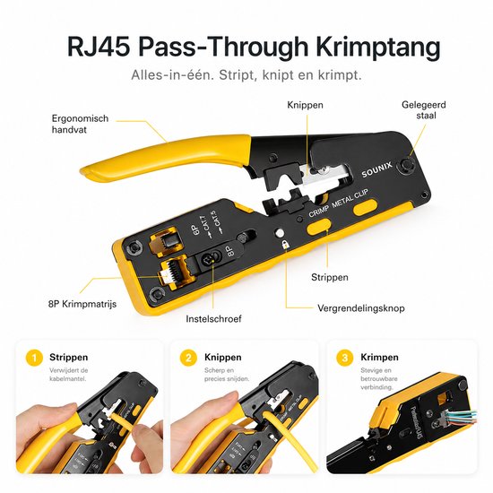 Gele Sounix RJ45 krimptang met ergonomische handgreep, inclusief stappen voor strippen, knippen en krimpen.
