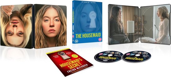 De "The Housemaid" SteelBook editie met de 4K Ultra HD en Blu-ray discs, inclusief een boekje. De openstaande SteelBook toont beelden uit de film.