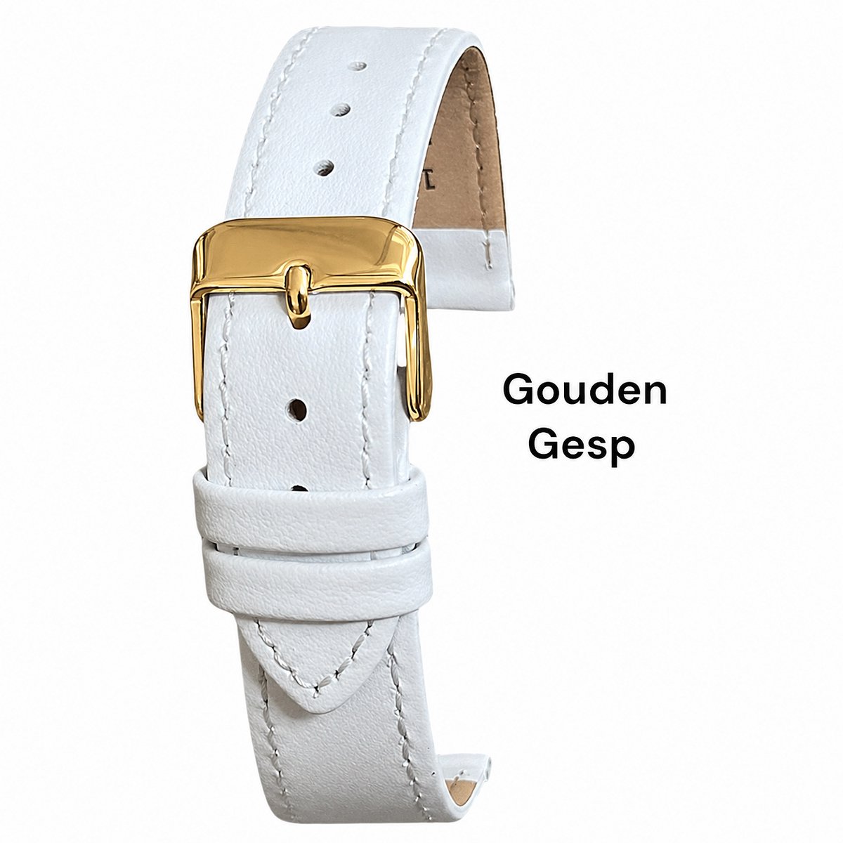 Horlogeband-horlogebandje-18mm-echt leer-zacht-plat-mat-wit-soepel-goudkleurige gesp-18 mm