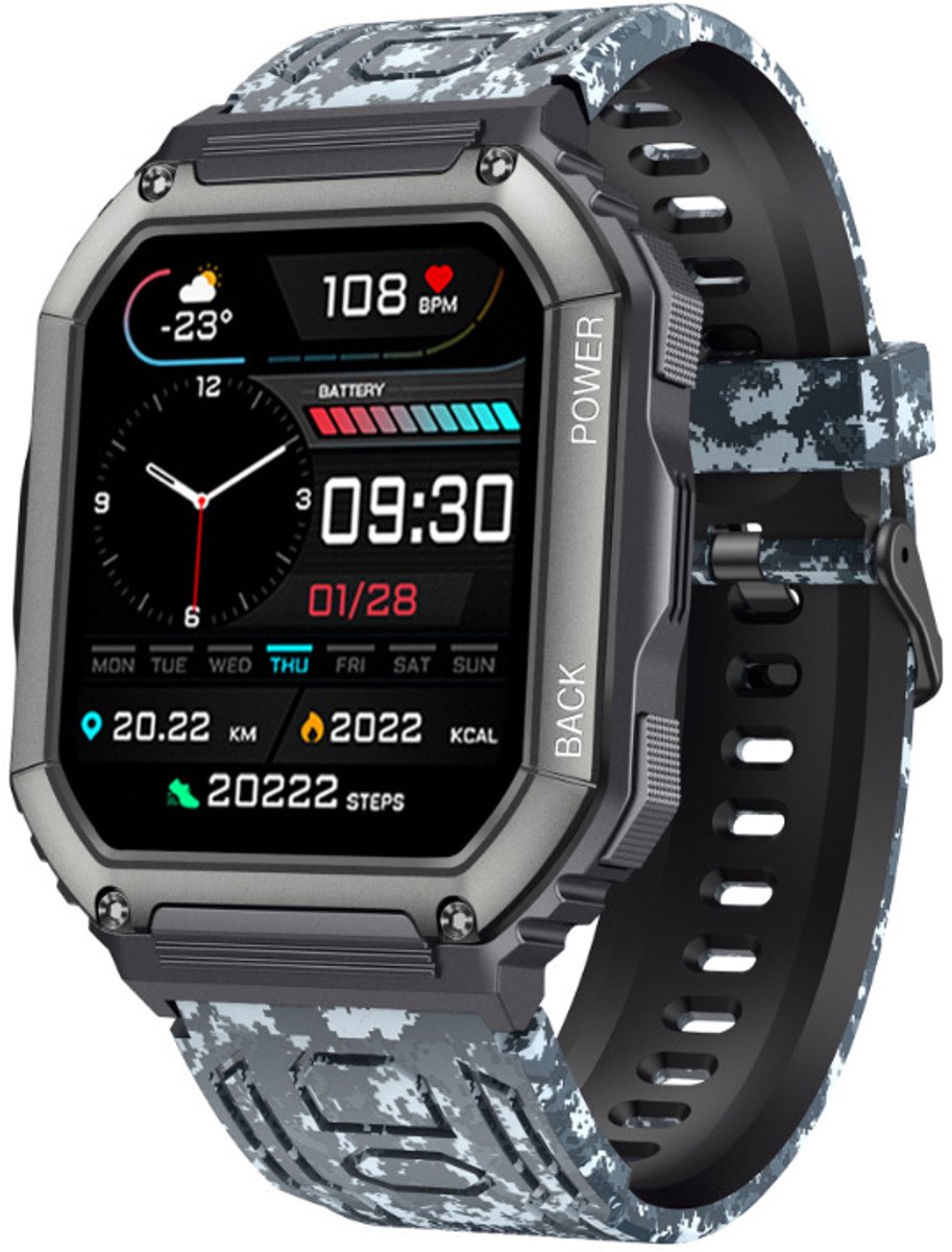 Smartwatch voor heren met telefoonfunctie, 1,8 inch AMOLED 5 ATM waterdicht fitnesshorloge met zaklamp, stappenteller, hartslag, SpO2, sporthorloge activiteitentracker geschikt voor Android iOS (camouflage)