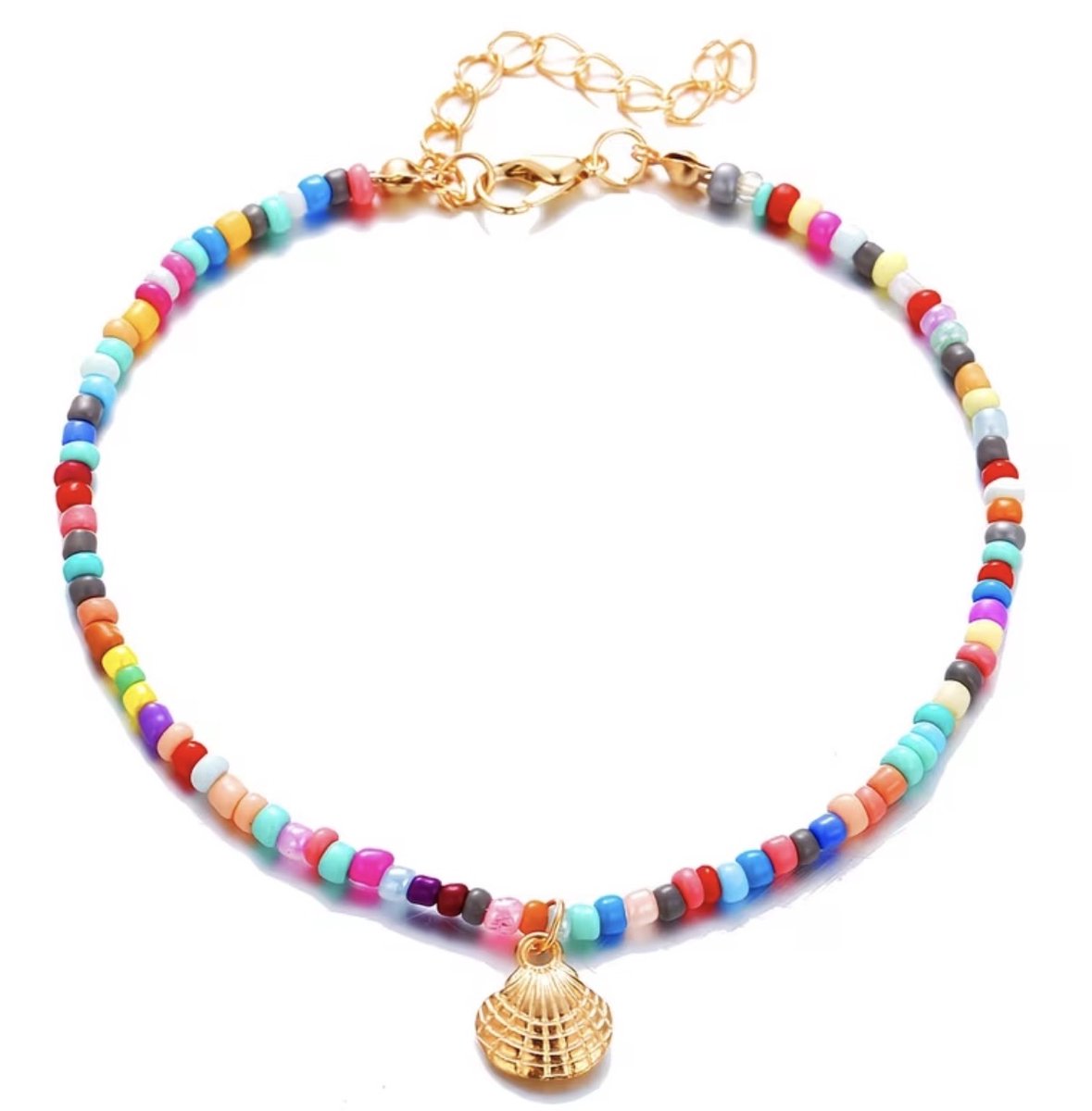 She life style - Boho Kleurrijke Kralen Enkelband met goudkleurige schelp