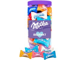 Milka Favourites chocolademix “Bedankt” 500g - Snoeppot met mini chocolaatjes - Chocolade cadeau in herbruikbare bokaal