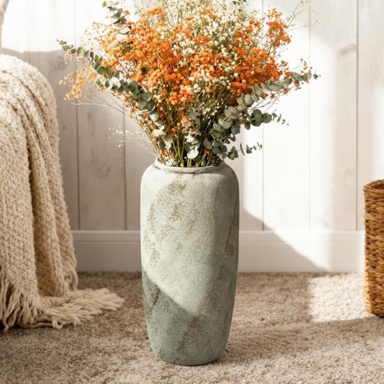 Grote Rustieke Keramische Vloervaas van 40 cm, Vintage Boho Vaas voor Huisdecoratie, Textuur Terracotta Vaas voor Woonkamer, Plank of Entree, Unieke Interieuraccessoire