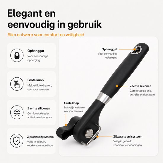 BOTC Blikopener - Veilig - Opent zonder scherpe randen - hersluitbaar - RVS - Silicone - Zwart