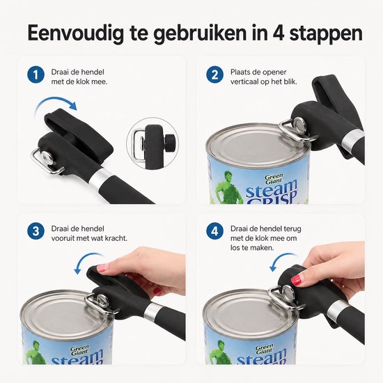 BOTC Blikopener - Veilig - Opent zonder scherpe randen - hersluitbaar - RVS - Silicone - Zwart