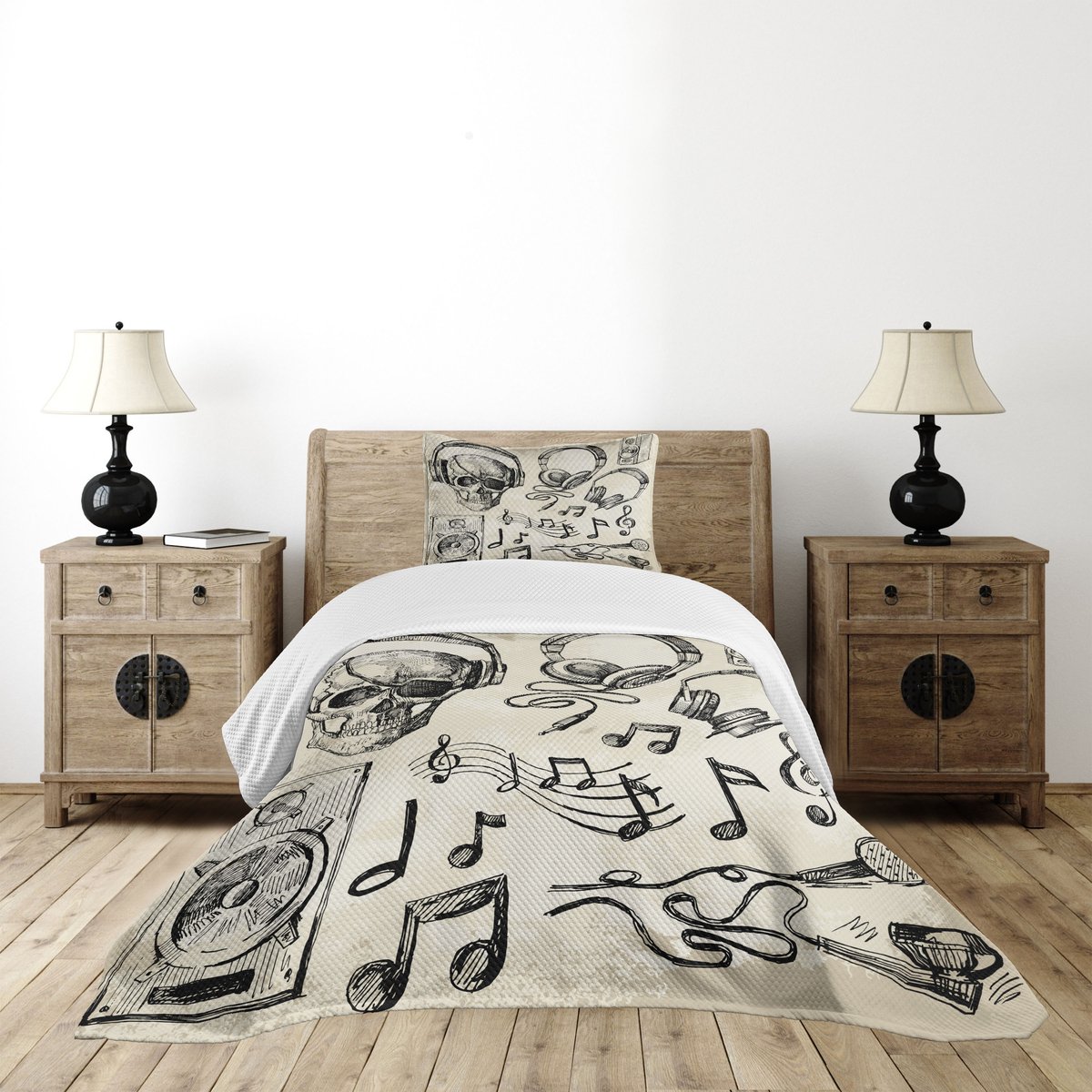 ABAKUHAUS Sketchy Bedsprei Set, Music Hipster Skull, Gewatteerd 2-delig dekbed met 1 kussensloop, voor eenpersoonsbedden 170 x 220 cm, Zwart Beige