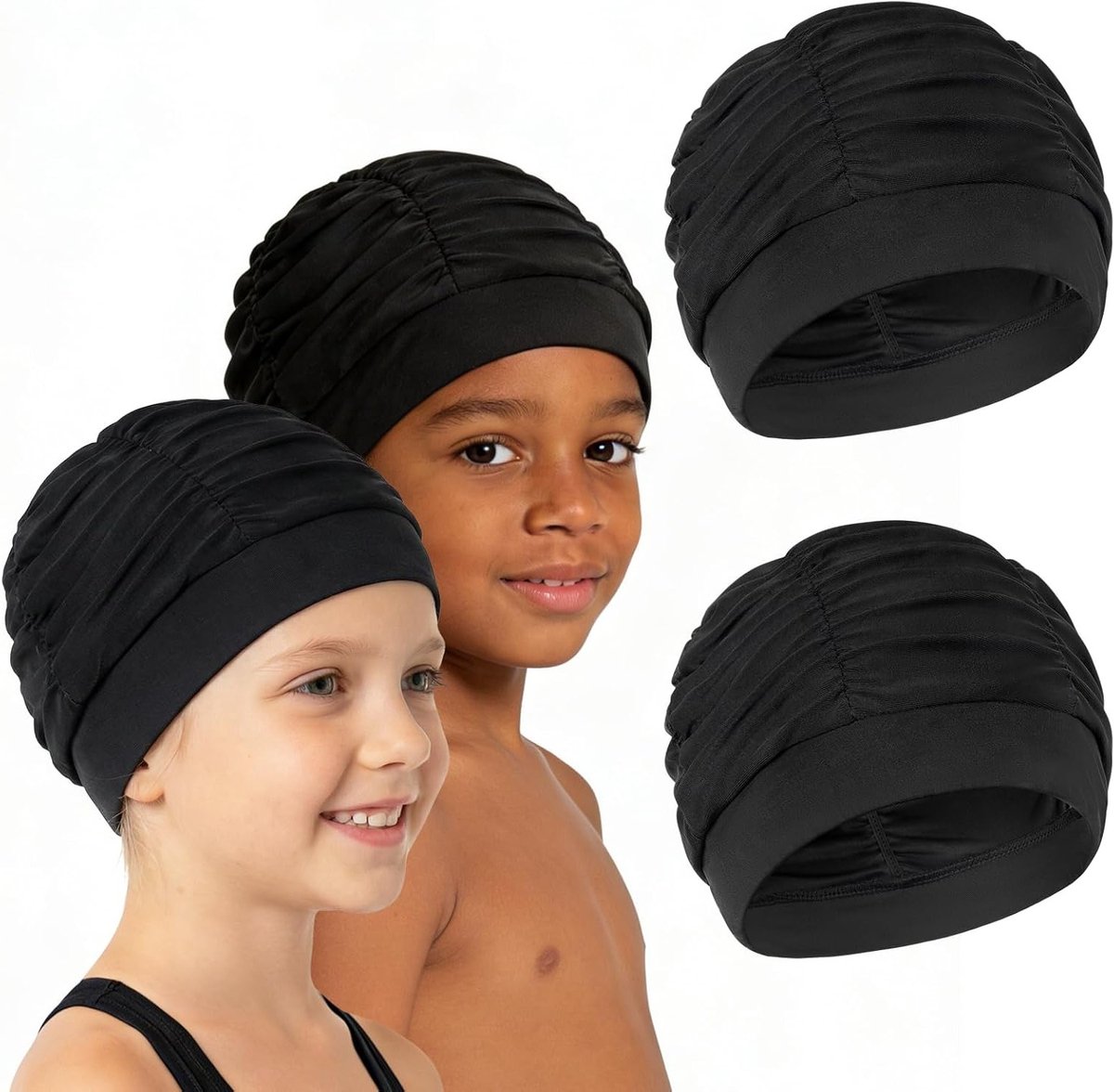 Zwemcaps voor Jongens en Meisjes, Set van 2, Geschikt voor 3-12 Jaar, Gemakkelijk aan te Trekken, Zwart, Perfect voor Zwemlessen en Recreatief Zwemmen