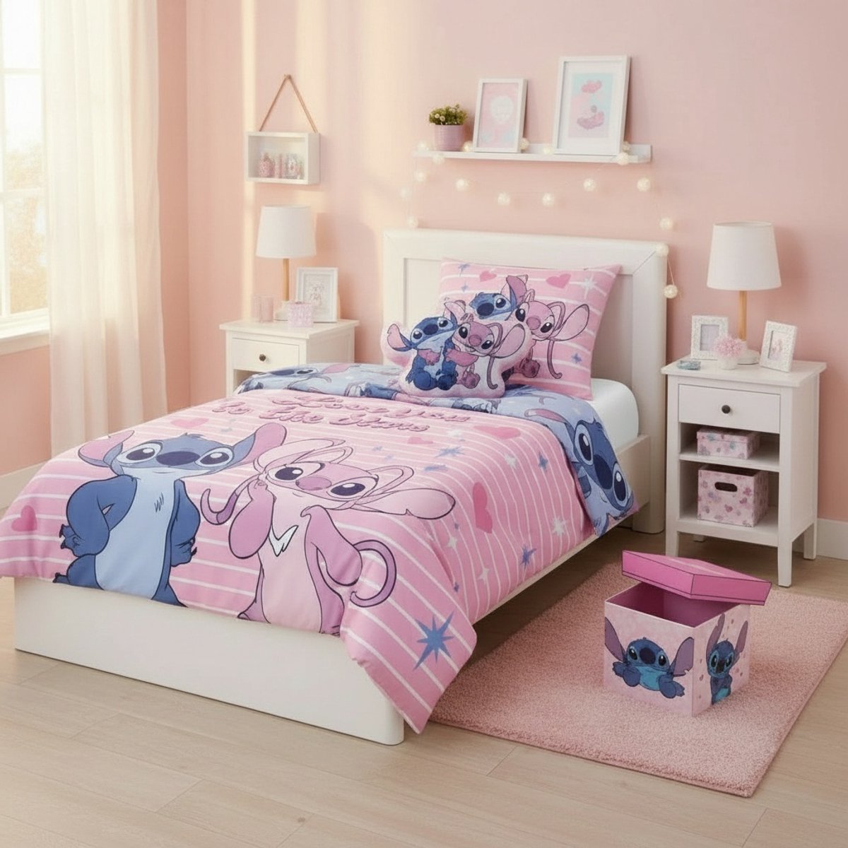 Stitch & Angel Disney Meisjeskamer Deco Set 3-delig – Dekbedovertrek 140x200 cm Katoenmix Omkeerbaar + Zacht Velboa Kussen + Opbergdoos 30x30x30 cm