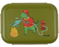 Trixie | Lunchbox met clips - Fireman Mr. Dino - RSV Lunchbox voor kinderen - Gemakkelijk te openen - Lunchbox - Groen - RVS - Lekvrij