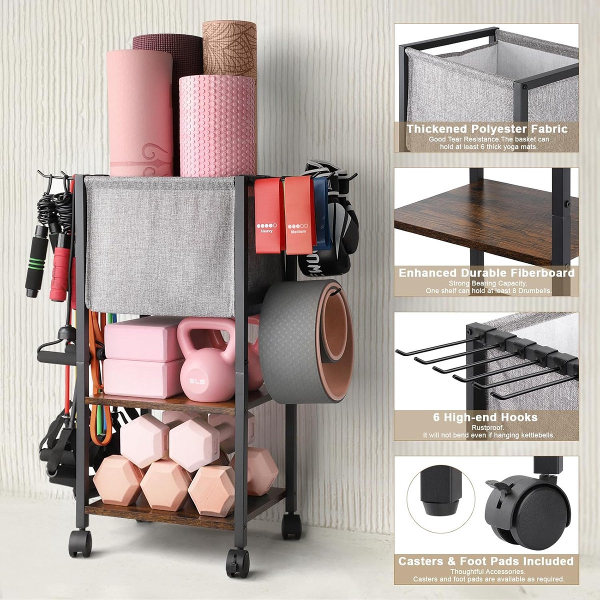 Fitness Opbergrek Home Gym - Ruimtebesparende Organizer met Wielen - 6 Haken & Grote Opbergcapaciteit - Voor Yogamatten, Dumbbells, Kettlebells - Sportrek, Fitness Rek, Yoga Opbergkast