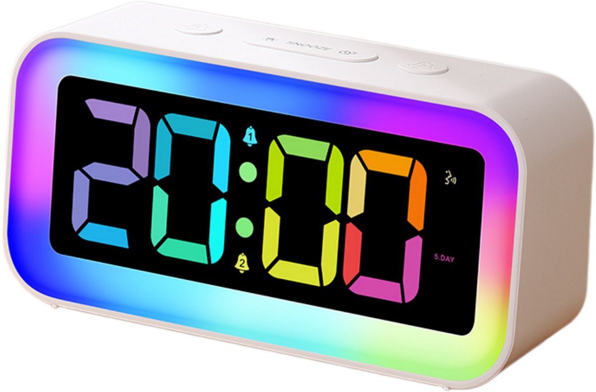 longziming -Digitale Wekker met Licht - RGB Alarmklok - LED Wekker - Dubbele Alarmfunctie - Snooze Functie - ABS - Instelbare Helderheid·Multifunctioneel & Modern - 1 Stuk - Wit