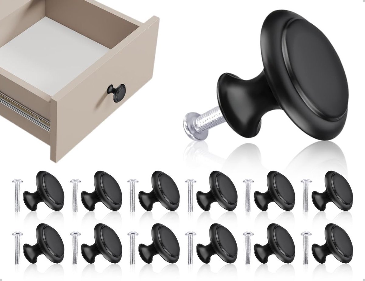 Vintage Rvs Kastknoppen Set van 12 Stuks voor Meubels, Keukenkasten en Badkamers - 30mm Zwart met Schroeven