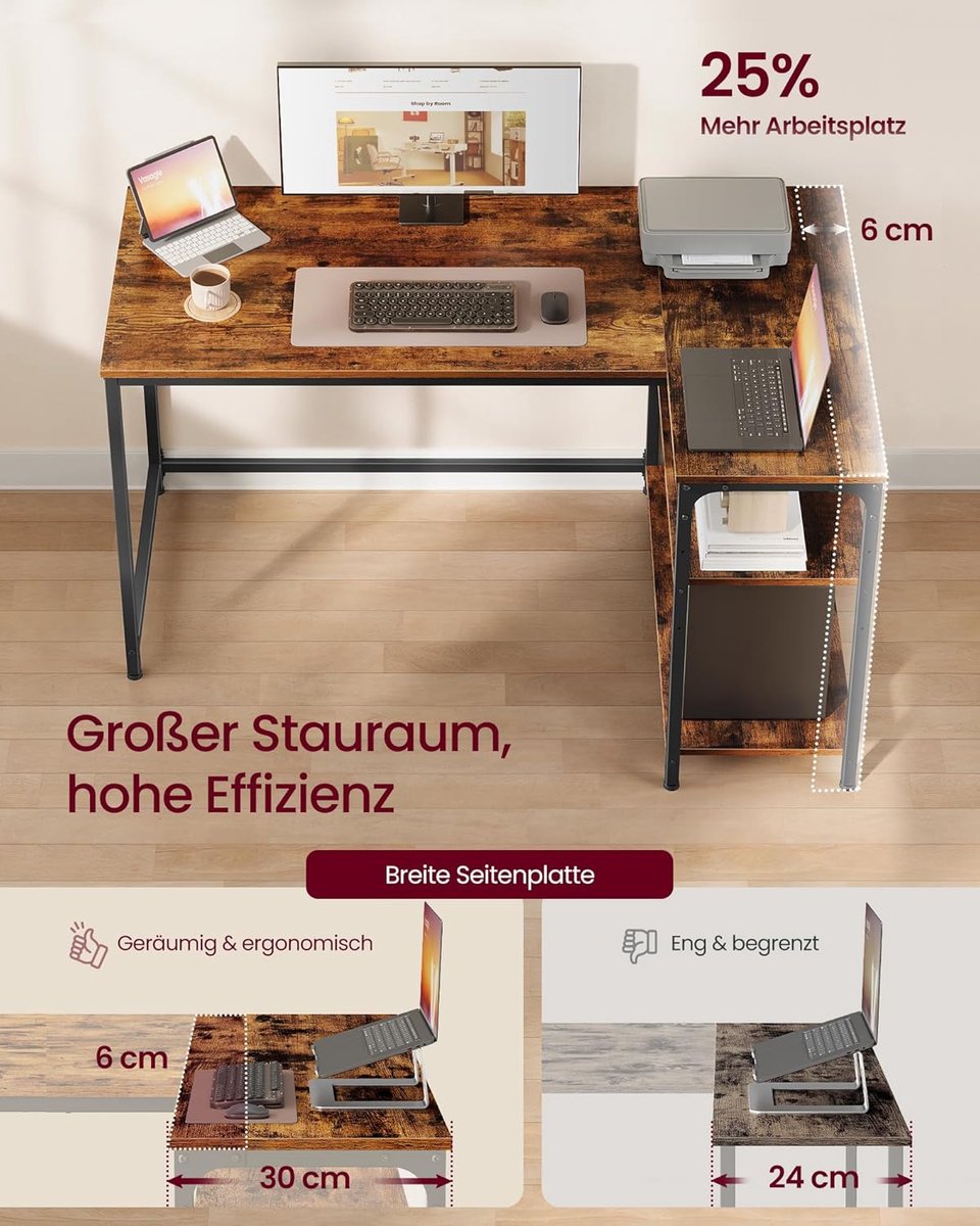 Hoekbureau L-vorm Vintage Bruin met Opbergrek en Verstelbare Planken 120x80 cm – Ruim Computer Bureau voor Thuis en Kantoor
