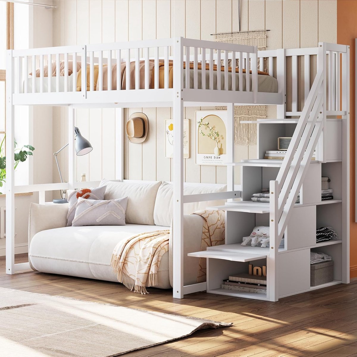 LunaLoft Hoogslaper 140x200 cm met Opbergladder en Veiligheidsrand – Massief Grenenhouten Hoog Bedframe 252x147x181 cm – Modern Wit Design voor Kinderen, Tieners en Volwassenen