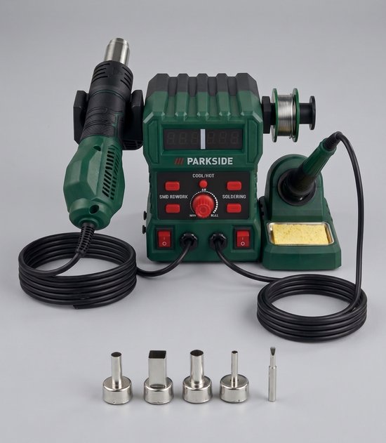 PARKSIDE® Station à air chaud et à souder - Pistolet à air chaud - Station à souder - Puissance : 745 W - Température du souffleur d'air chaud : 100/480 ℃ - Température du fer à souder : 200/480 ℃