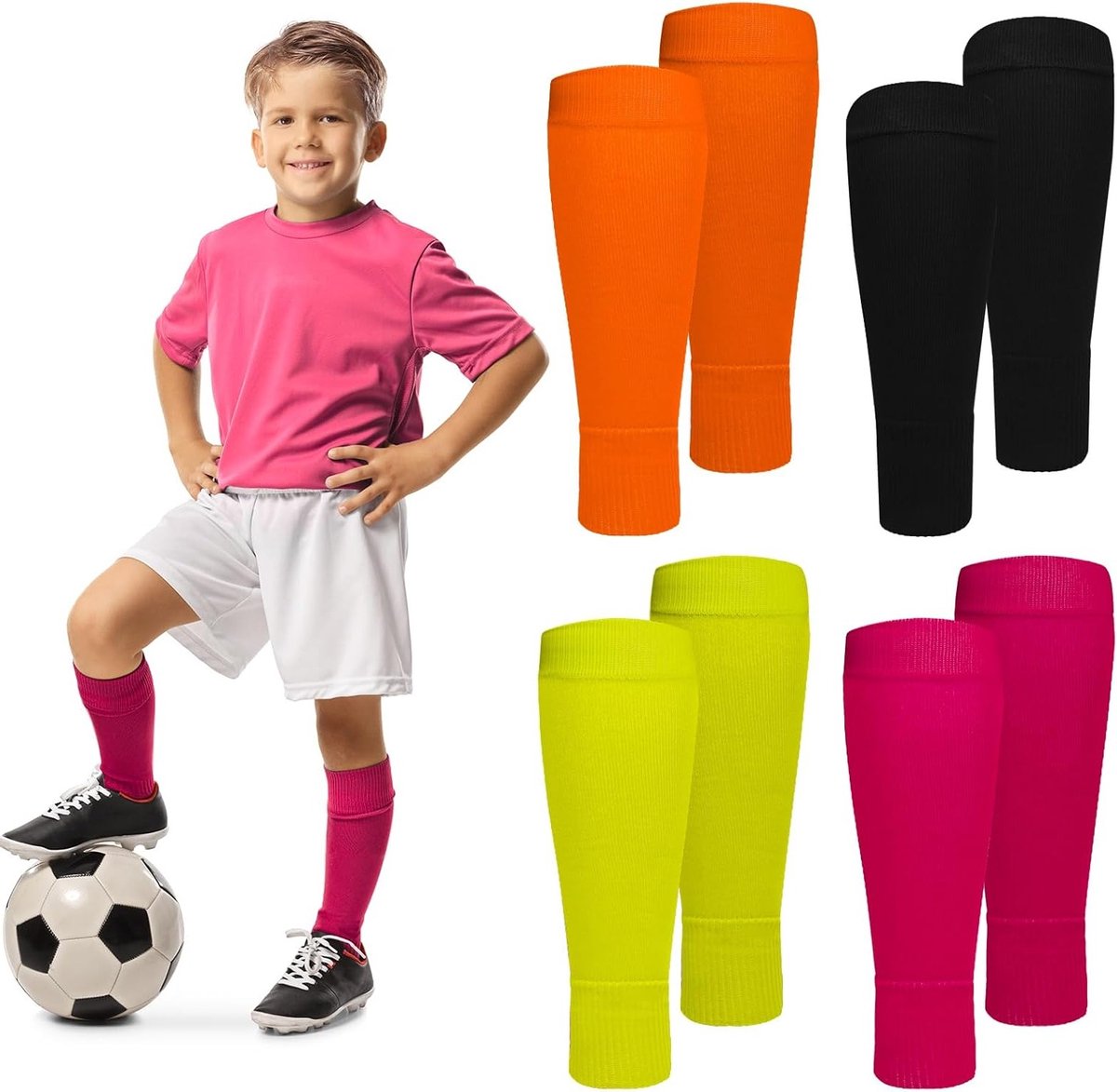 Ademende Fluorescerende Scheenbeschermers voor Kinderen - 4 Paar, Absorberend en Unisex voor Jongens en Meisjes, Ideaal voor Sport en Activiteiten