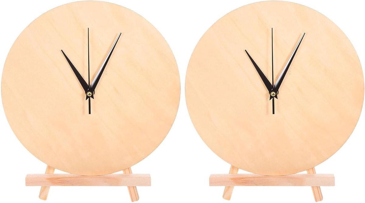 2 Sets Ronde Houten Klokbladen Blank DIY Klok Dial voor Schilderen en Wanddecoratie voor Kinderkamer Inclusief Stand Zonder Batterij