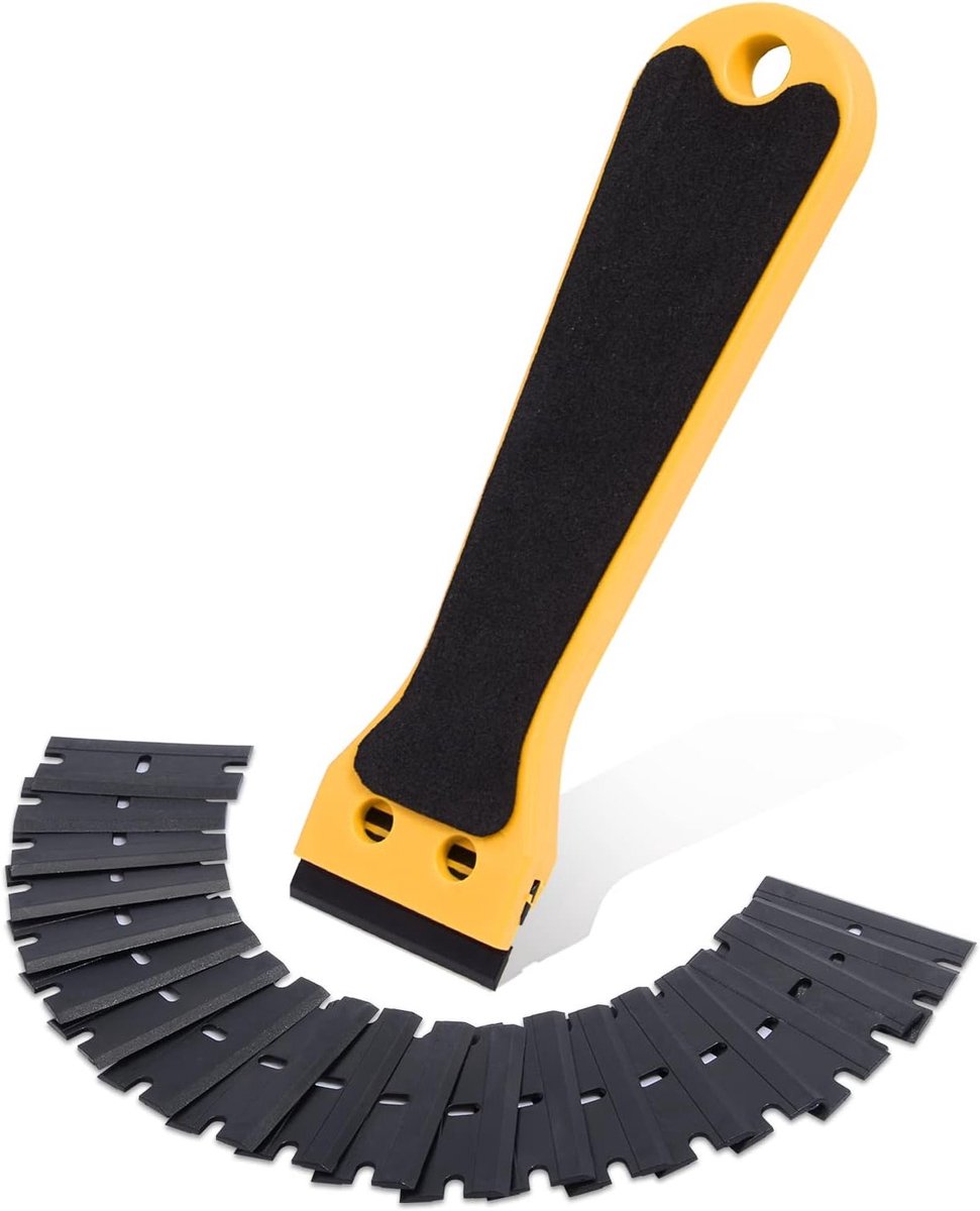 Plastic Schraper met Lange Handgreep en 20 Stuks 1.5 Inch Plastic Bladen voor het Verwijderen van Stickers en Lijmresten, Geel - Ideaal voor Klussen en Schoonmaken