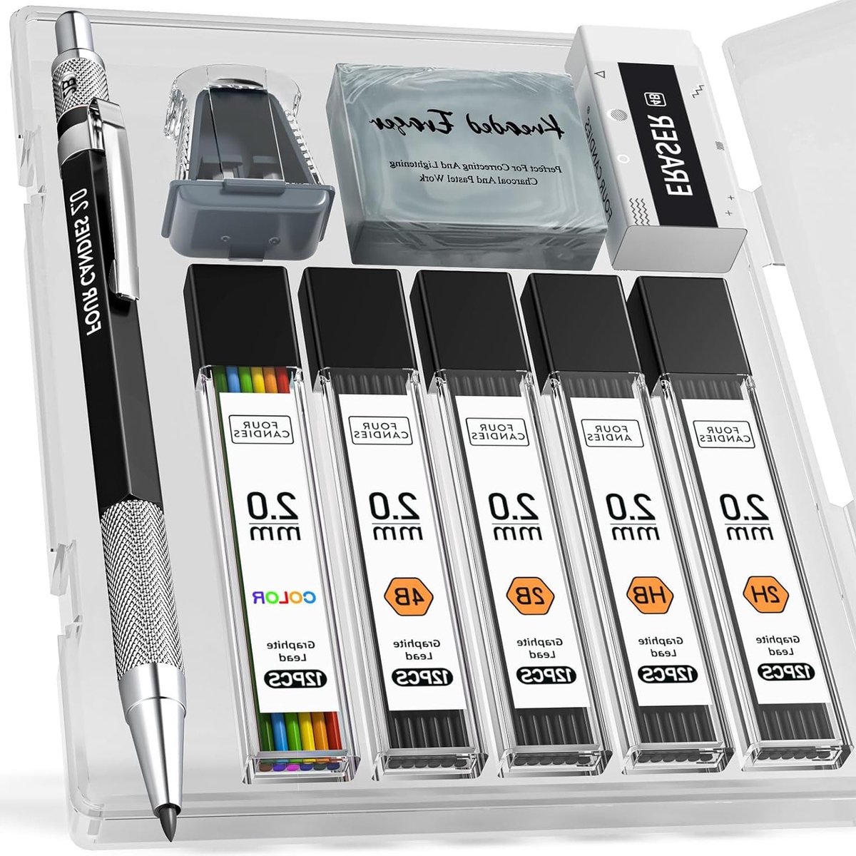 Set van 2MM Mechanische Potloden met Etui, 60 Stuks Grafiet Vullingen, Kneedgum en Slijper voor Schrijven en Tekenen