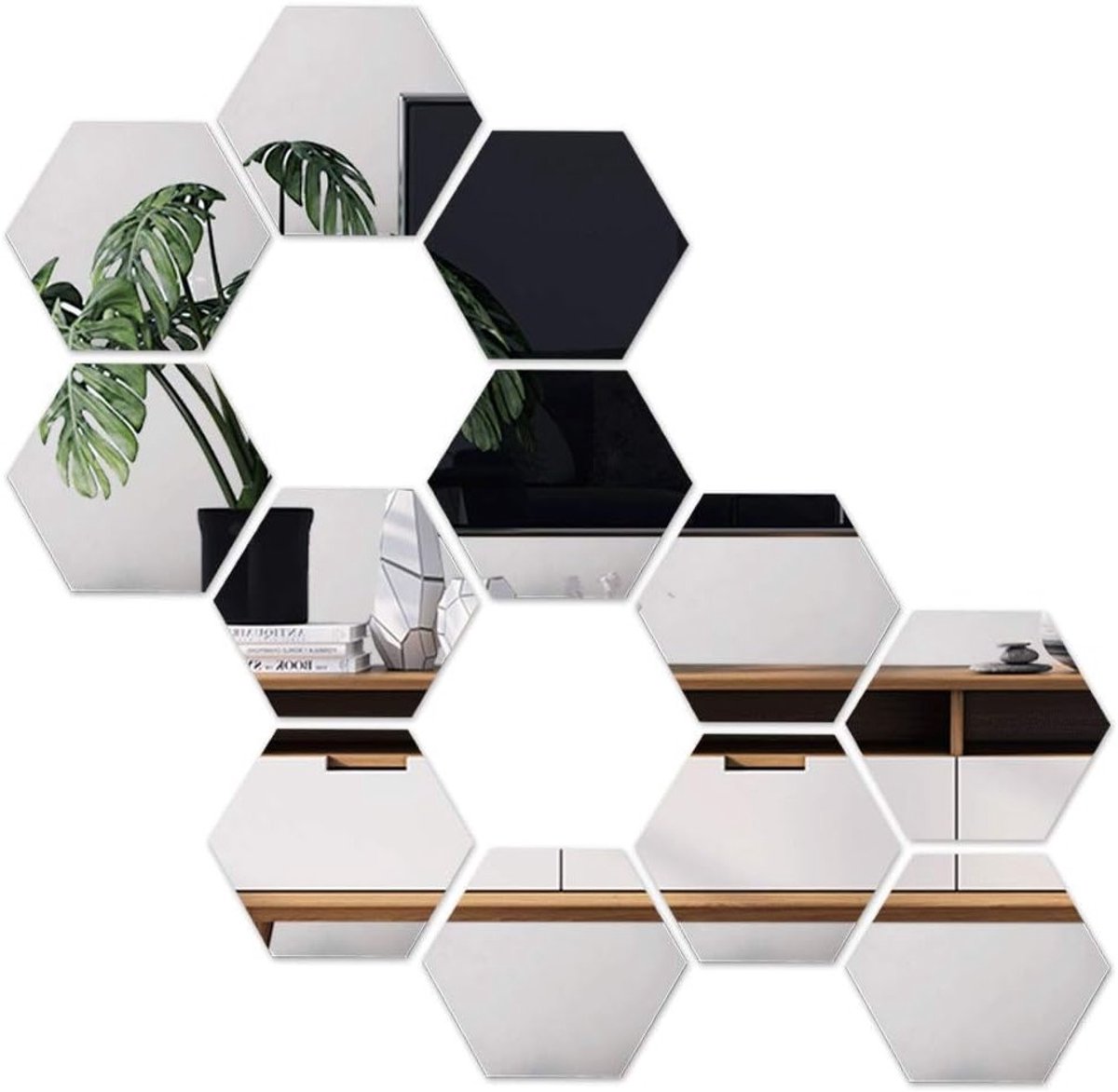 3D Hexagonale Acryl Spiegels voor Wanddecoratie - 12 Stuks van 10 cm in Zilver voor Woonkamer en TV Achtergrond