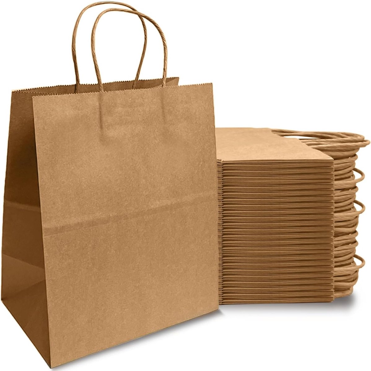 Grote bruine kraftpapier zakken met handvat, 50 stuks, stevige geschenkzakken, 21 x 14 x 27 cm, ideaal voor cadeauverpakking en winkelen