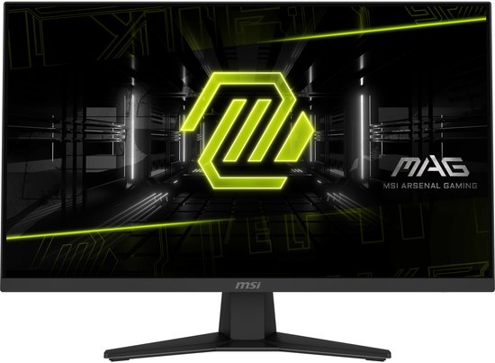 Zwarte MSI gaming monitor met een groen MAG-logo op de voorkant en op de standaard.
