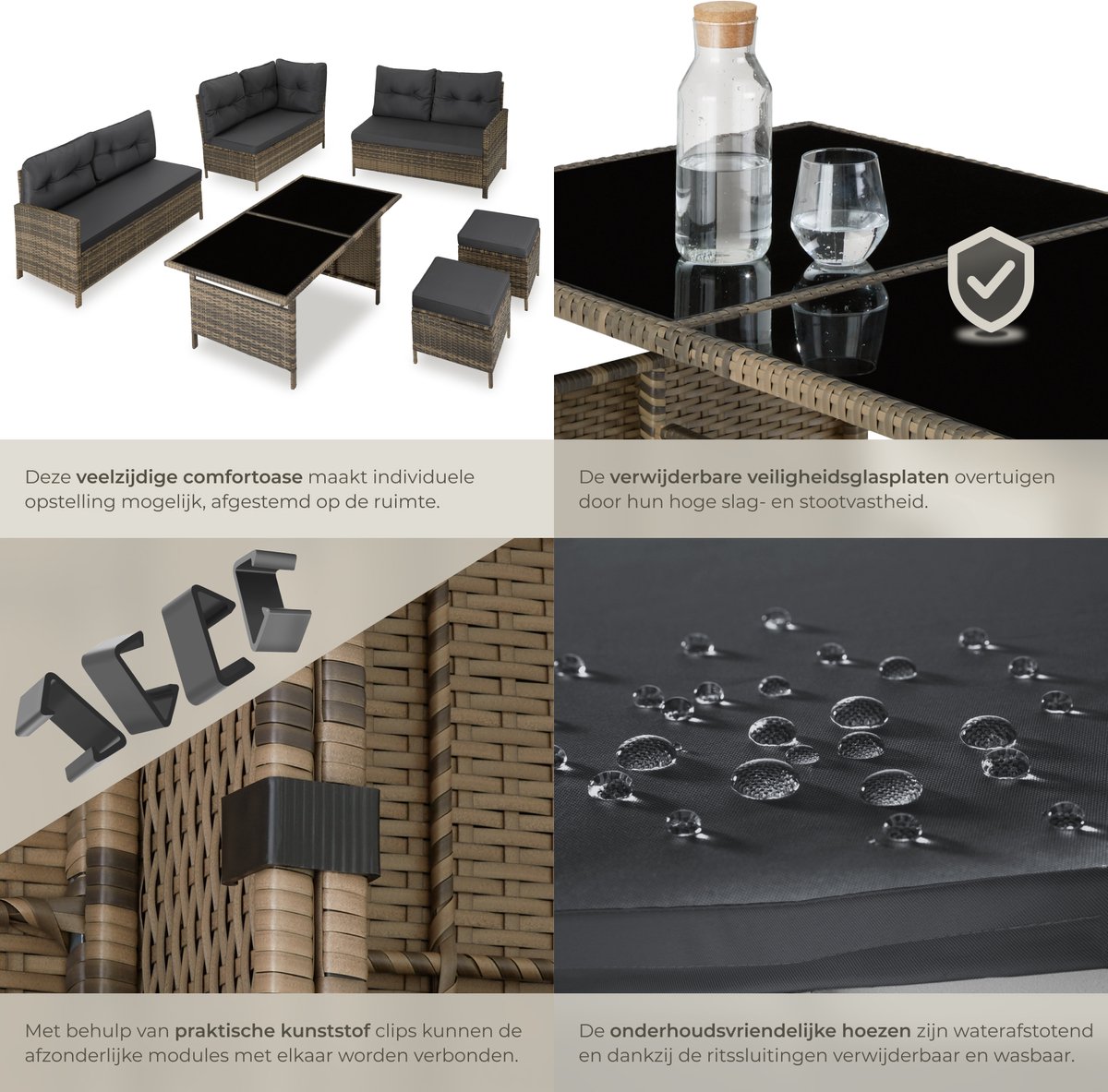 tectake® Loungeset Barletta - 6 tot 8 Personen - Modulaire Tuinset met Loungebank, Kruk en Tuintafel - Tuinmeubels - Balkonmeubel - 5-delige Zitgroep - Inclusief Kussens - Ideaal voor Tuin, Terras en Balkon - Natuurkleur met Donkergrijze Kussens thumbnail 3