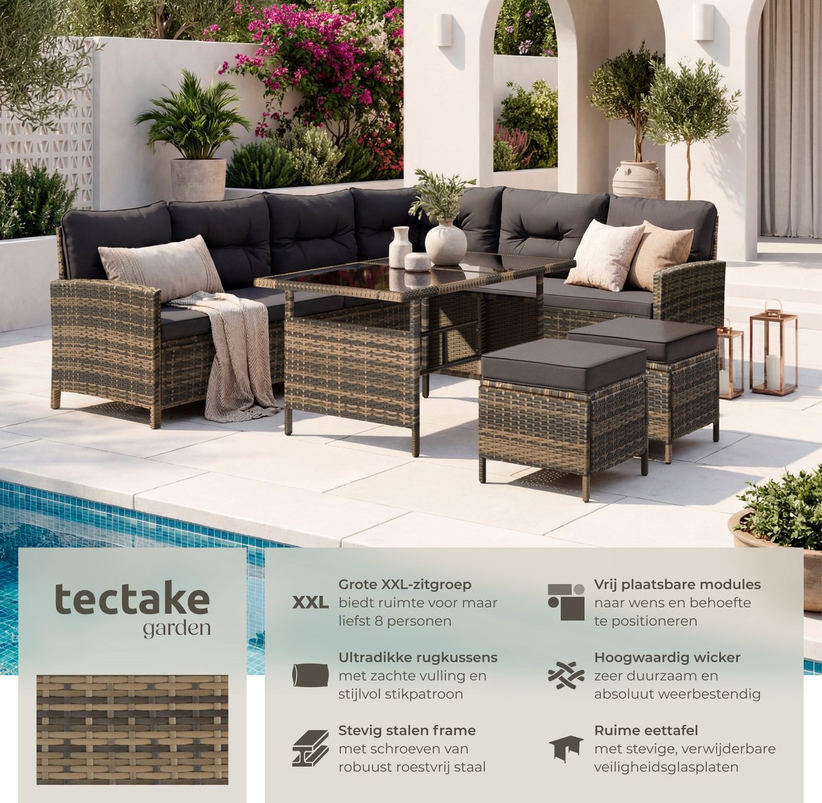 tectake® Loungeset Barletta - 6 tot 8 Personen - Modulaire Tuinset met Loungebank, Kruk en Tuintafel - Tuinmeubels - Balkonmeubel - 5-delige Zitgroep - Inclusief Kussens - Ideaal voor Tuin, Terras en Balkon - Natuurkleur met Donkergrijze Kussens thumbnail 2
