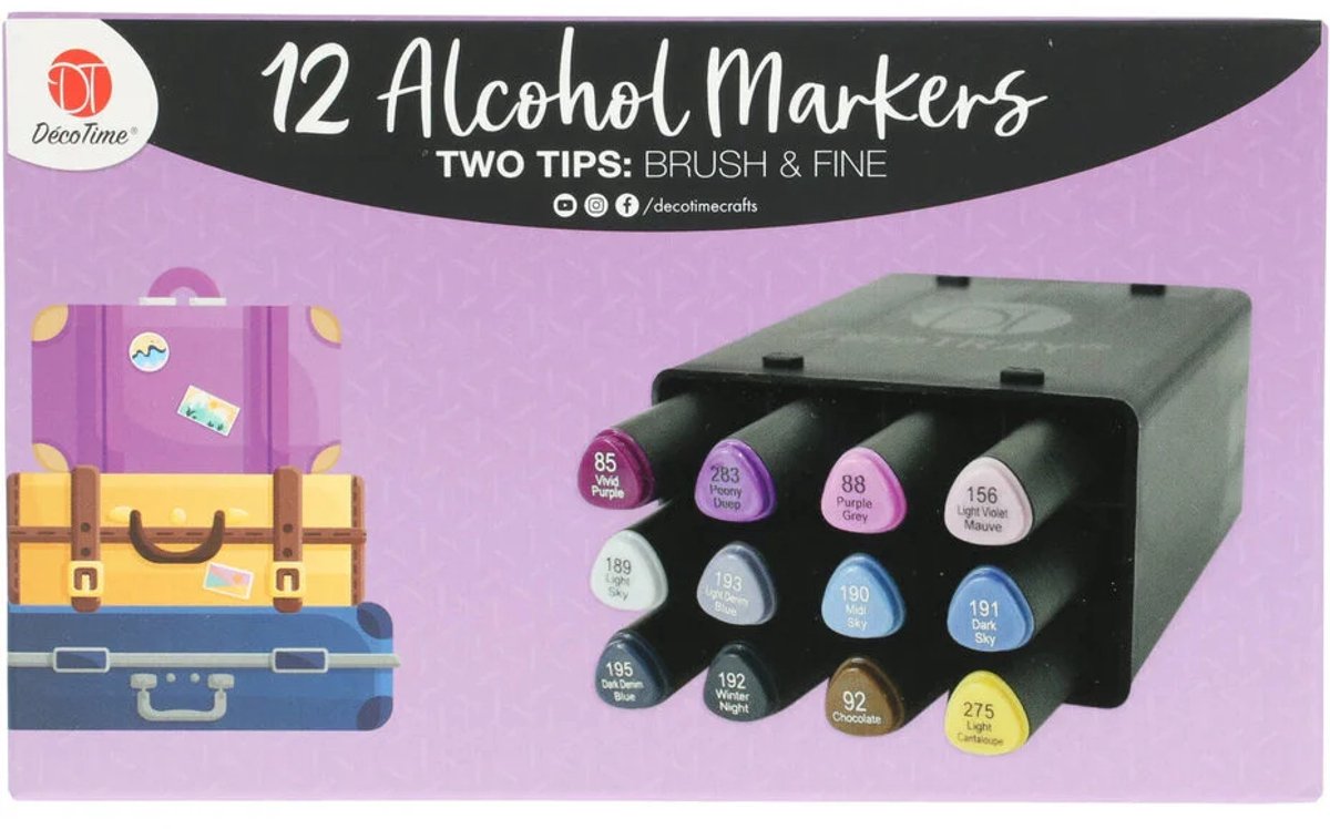 Alcohol Twinmarkers brush en fine - paarse set - Decotime - Professionele Twinmarkers - 12 pieces - Alle kleuren - Hobby en Creatief Volwassenen - Alcohol Markers - Twin Markers