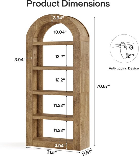 Afmetingen van een houten boekenkast met gebogen bovenkant en 5 planken.