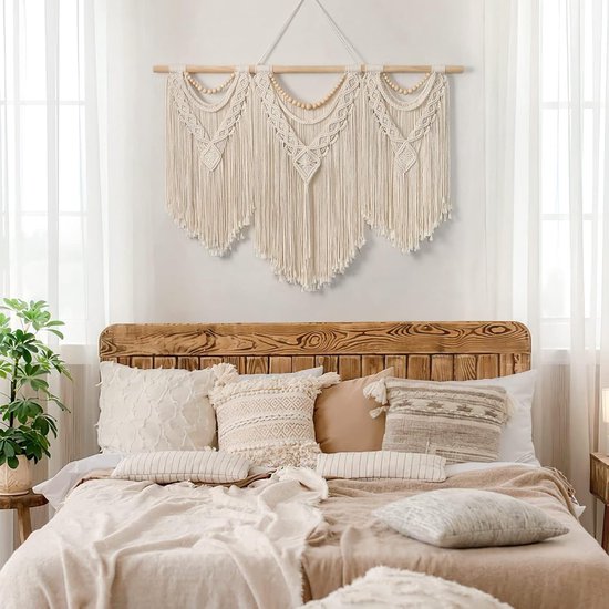 Tapisserie murale en macramé, grande, bohème, tapisserie tissée, feuilles, pompon, tapis bohème, corde de coton, macramé, décoration murale pour chambre à coucher, salon, fond (perles en bois)