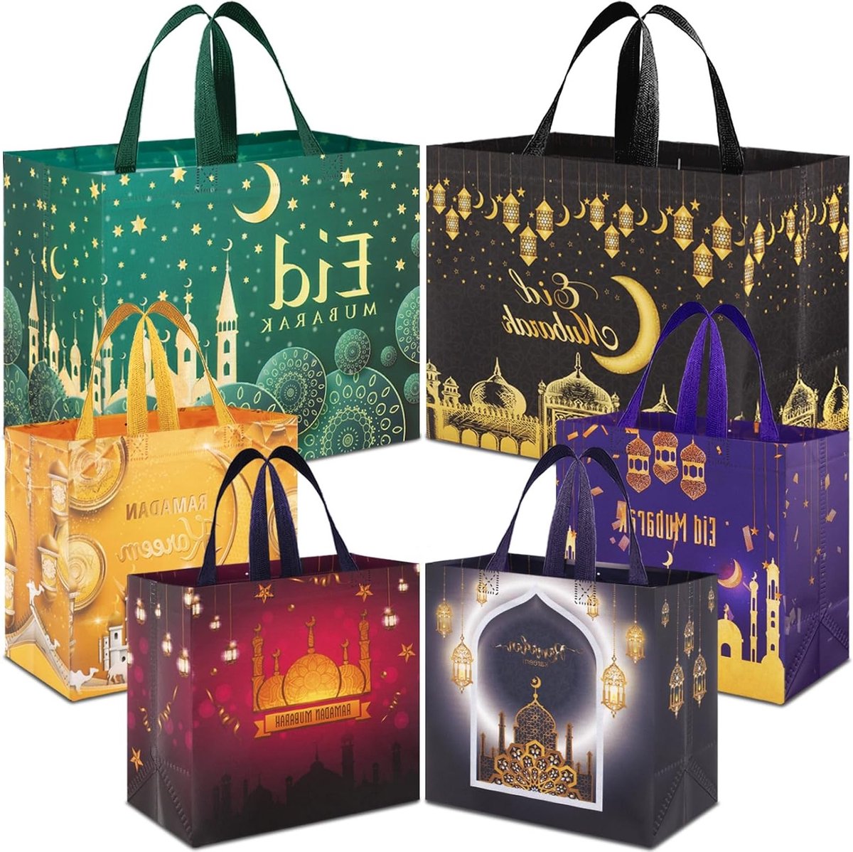 6 Stuks Ramadan Mubarak Cadeauzakken, Eid Mubarak Tas met Handvatten, Ramadan Kareem Feestzakken, Inclusief 2 Grote en 4 Middelgrote Niet-Geweven Eid Tassen voor Feestdagen en Vieringen
